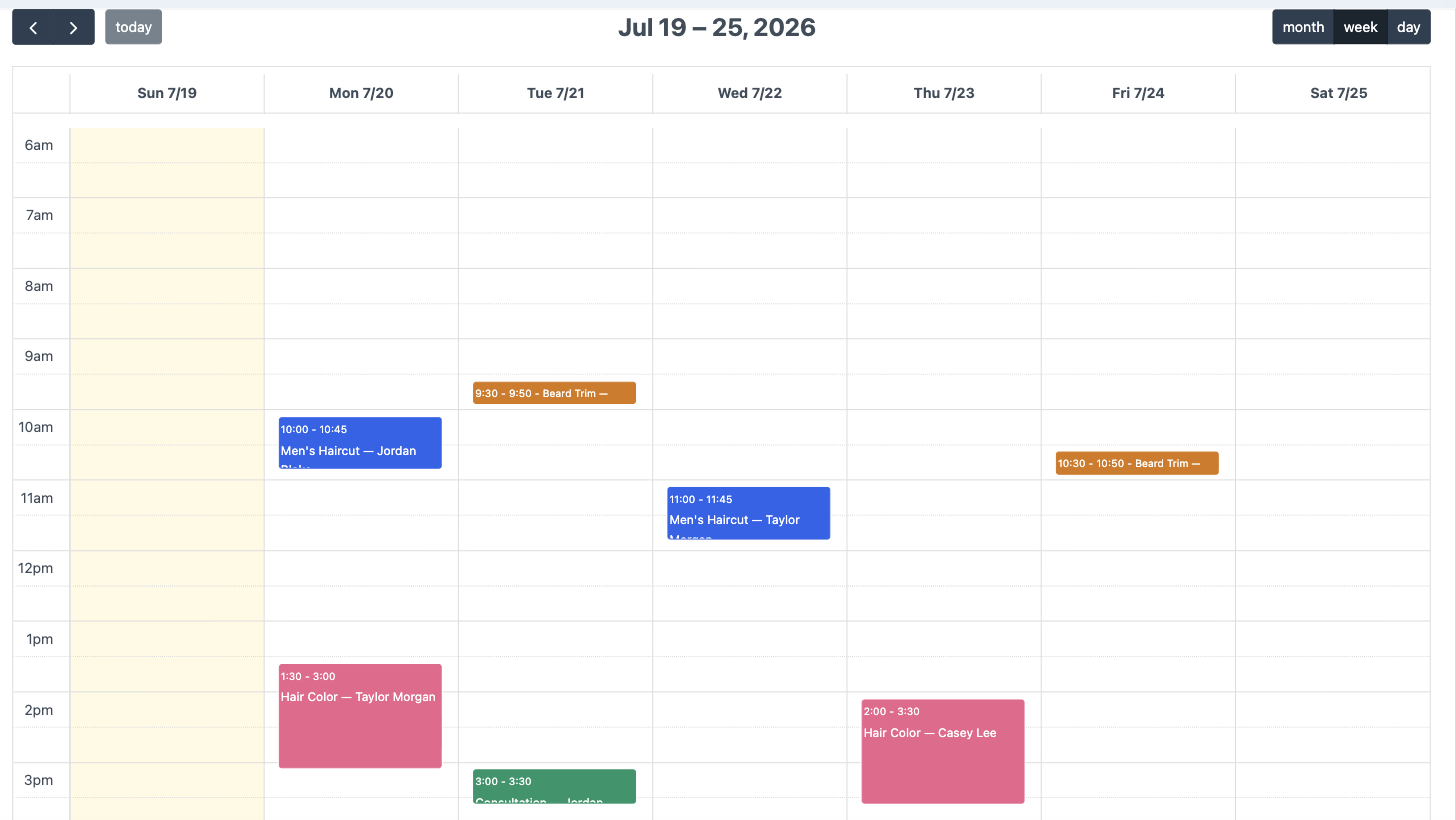 Stub calendar view in the Craft control panel, showing a week of colour-coded bookings