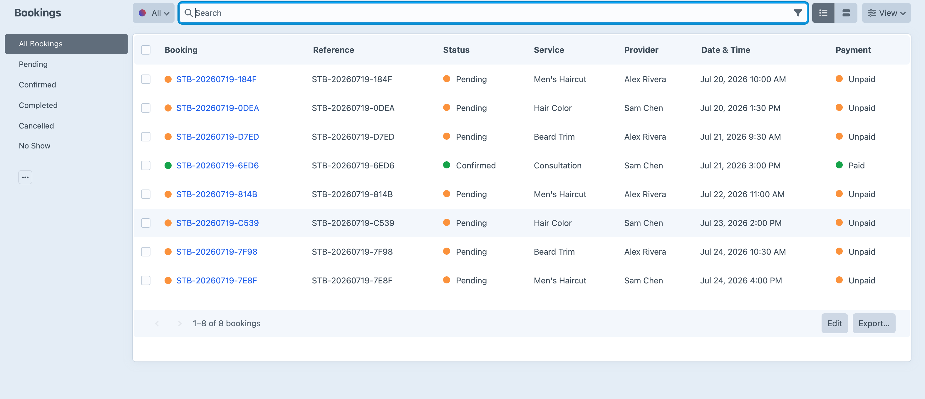 The Stub bookings index listing eight bookings with their reference, status, service, provider, date and time, and whether they are paid