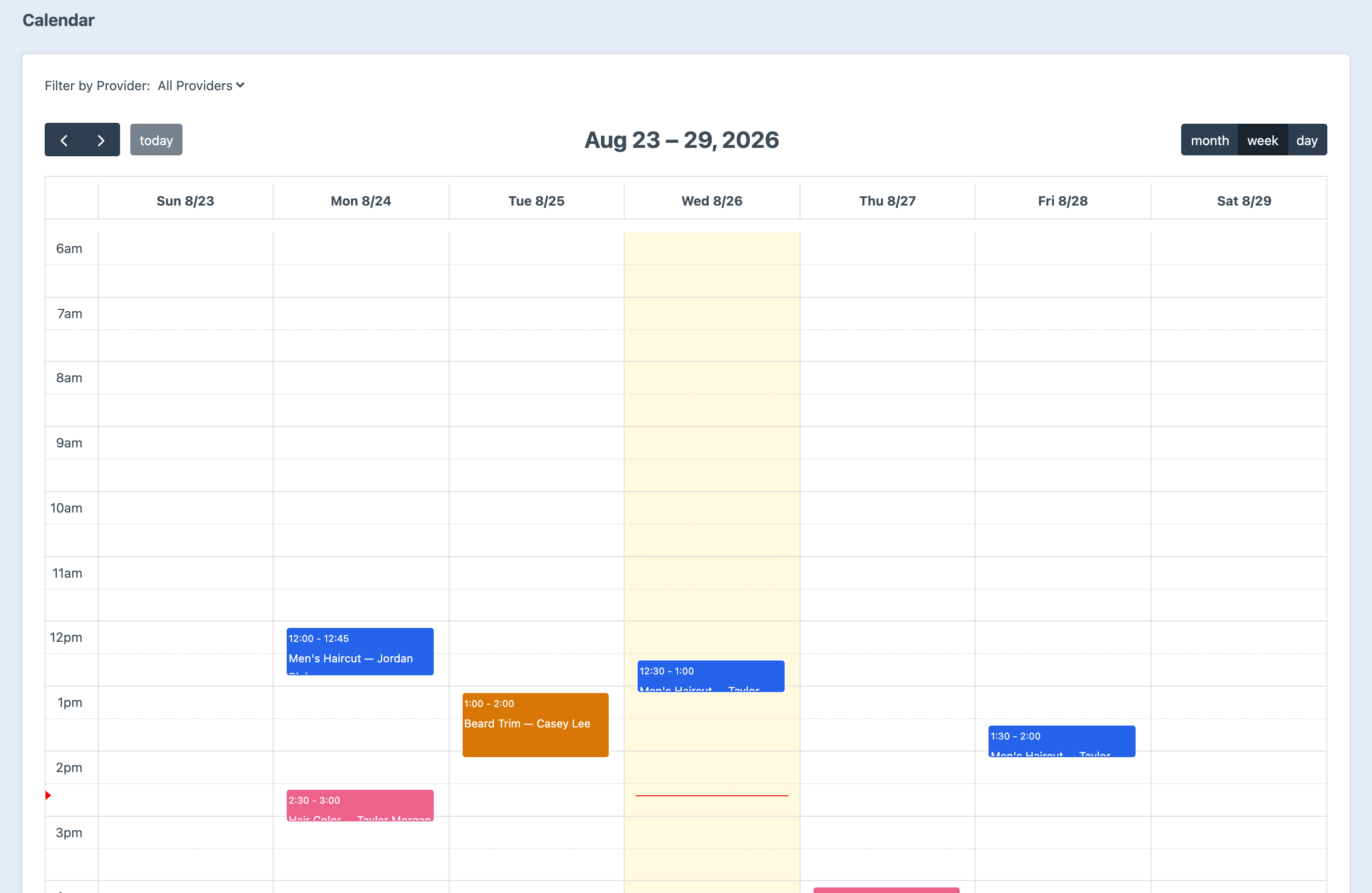 The Stub calendar in the Craft control panel showing a week view with colour-coded bookings for haircuts, beard trims and hair colour against each provider, with month, week and day views and a provider filter