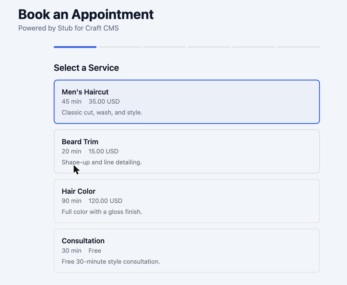 Stub booking wizard &mdash; Choose a service