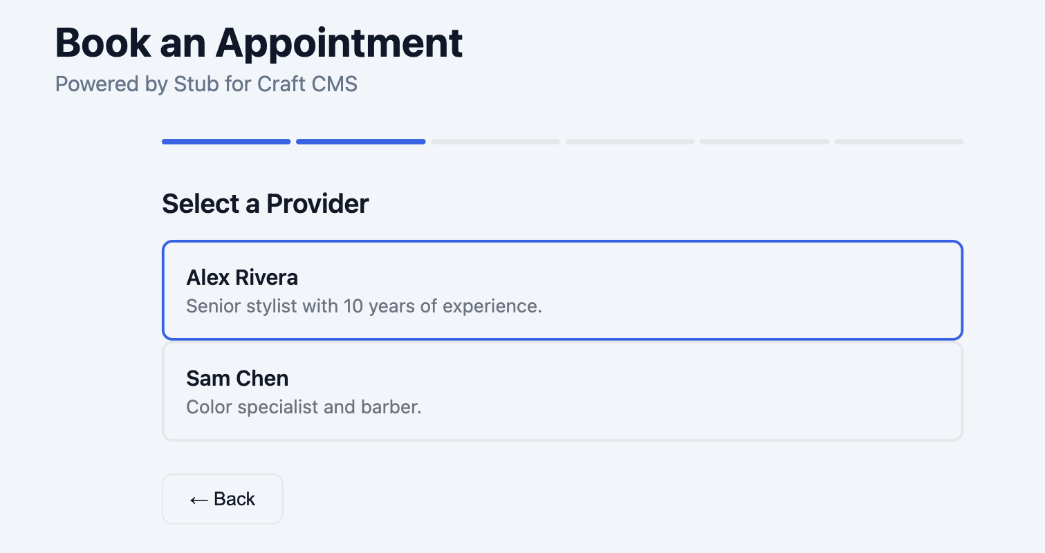 Stub booking wizard &mdash; Pick a provider
