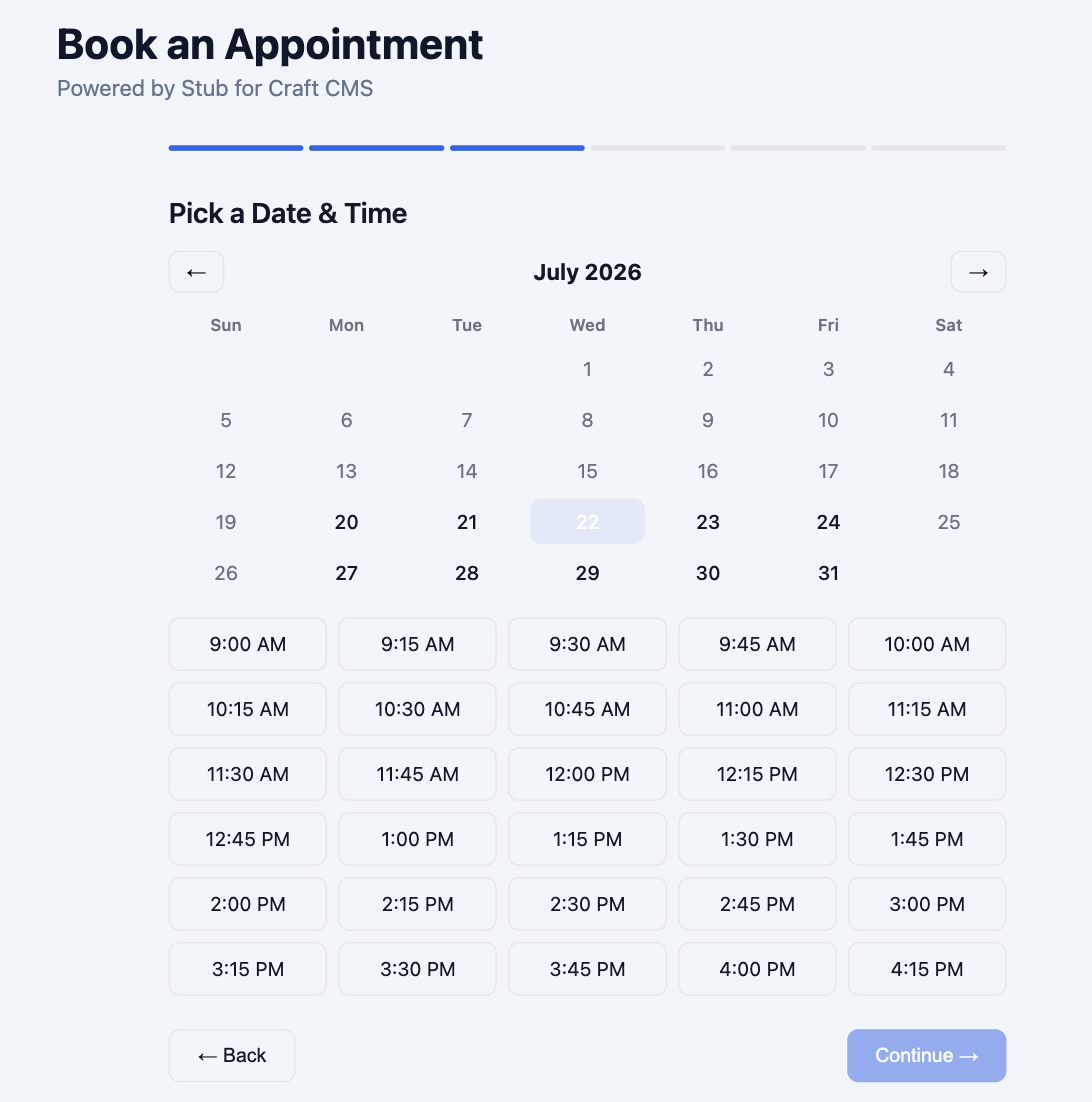 Stub booking wizard &mdash; Pick a date &amp; time
